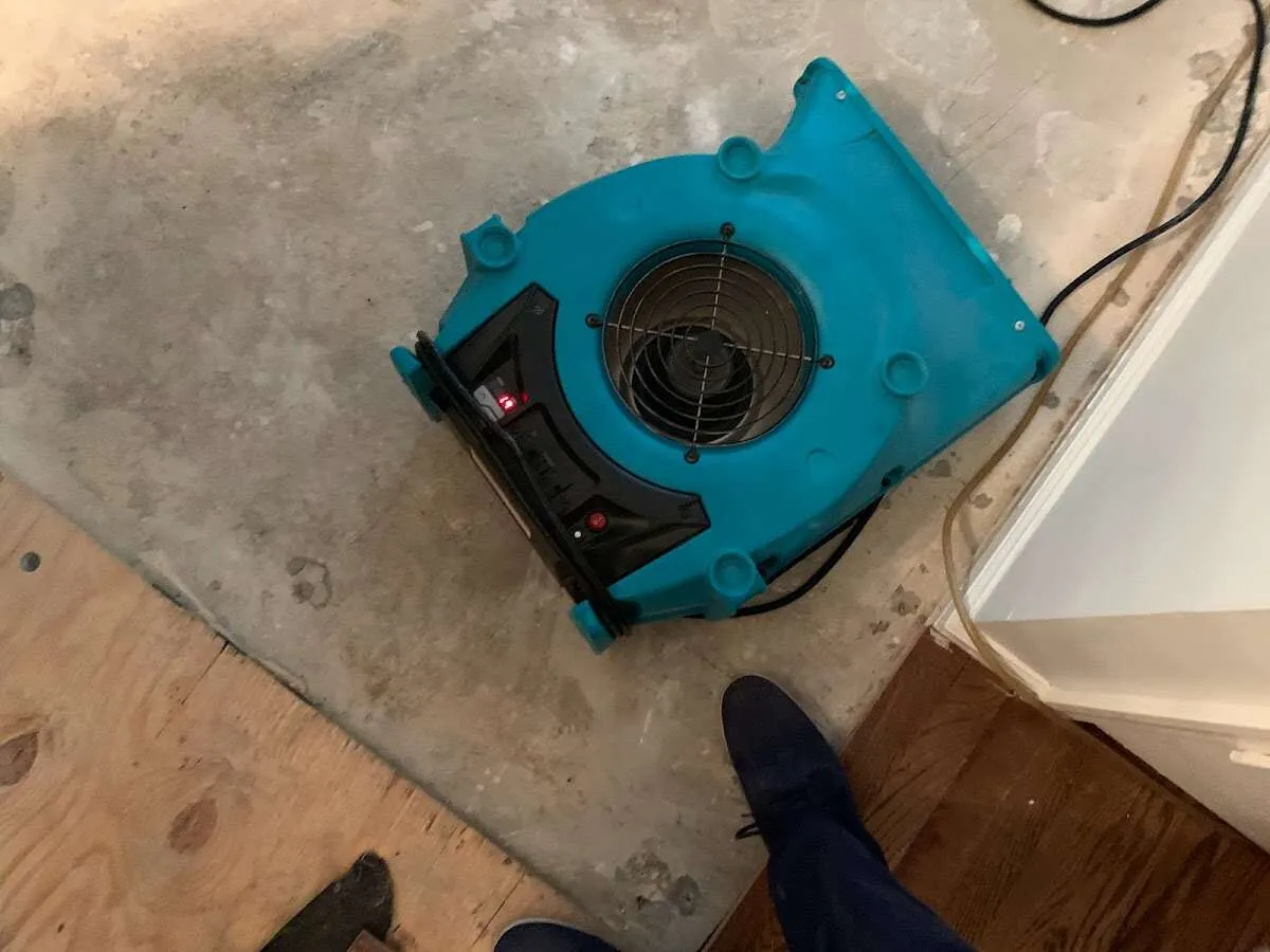 Air mover drying subfloor during Commercial Water Damage Restoration in Denison